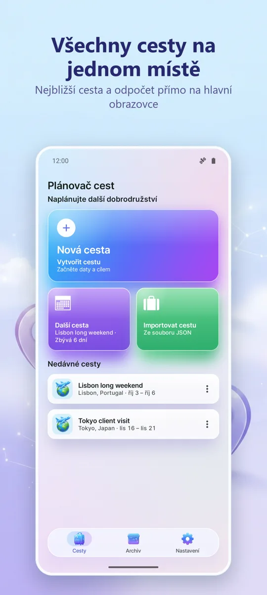 Organizátor cest: hlavní obrazovka