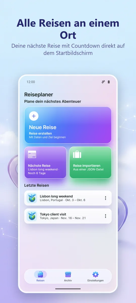 Reiseplaner: Hauptbildschirm