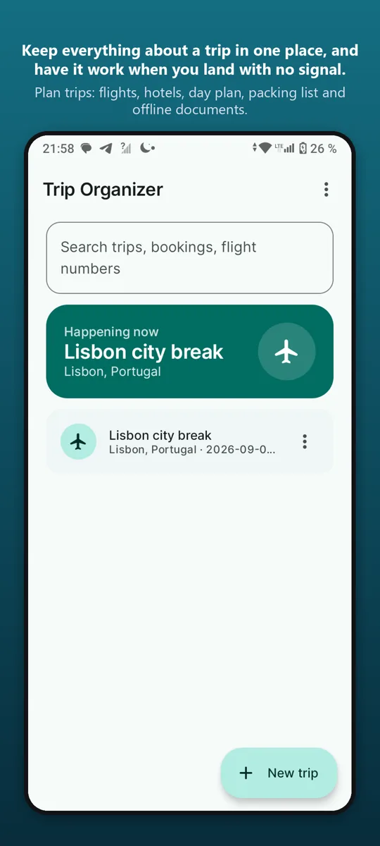 Trip Organizer: Planner — main screen