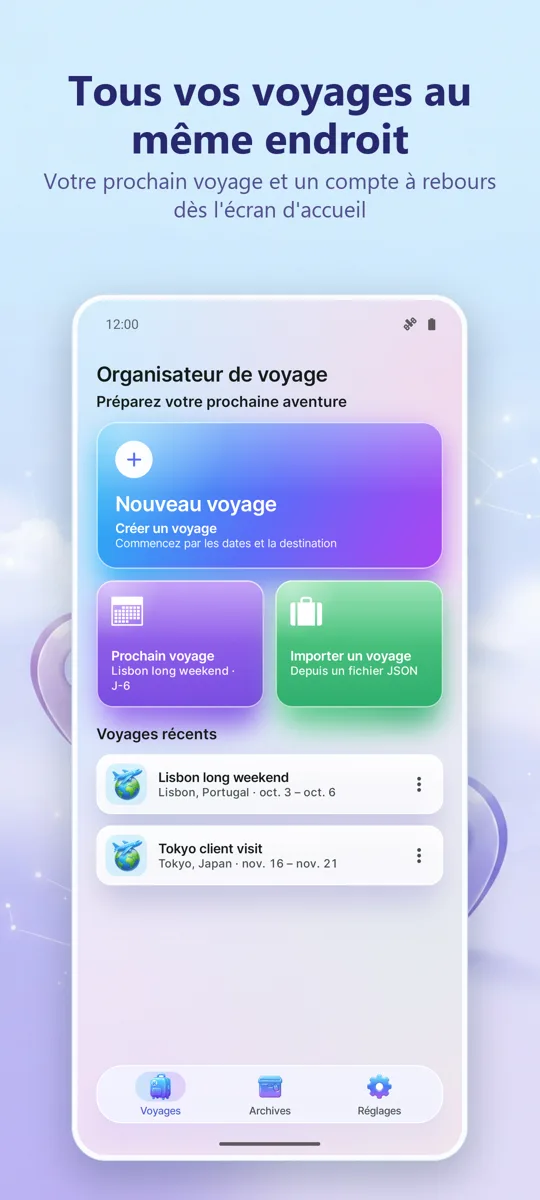 Organisateur de Voyages: écran principal