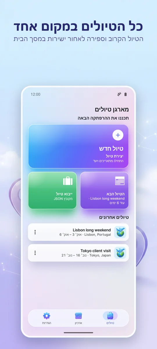 מתכנן טיולים: מארגן: המסך הראשי