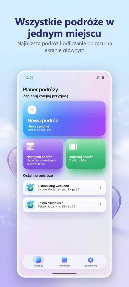 Organizator podróży: ekran główny