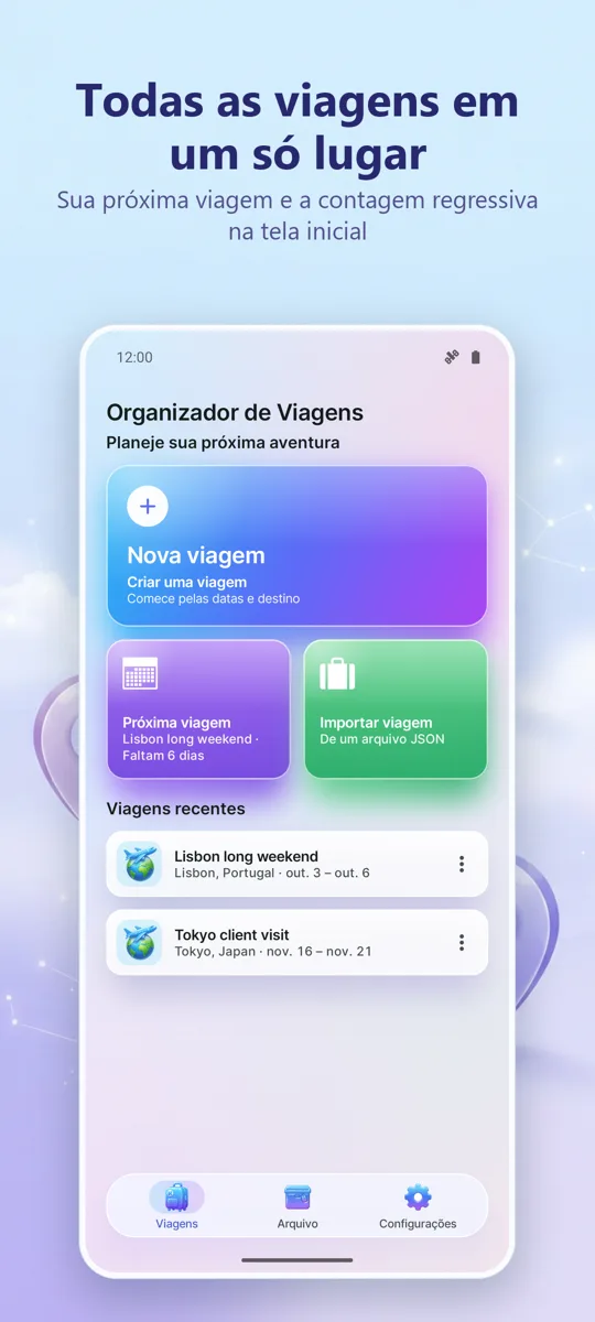Organizador de Viagens: Plano: tela principal