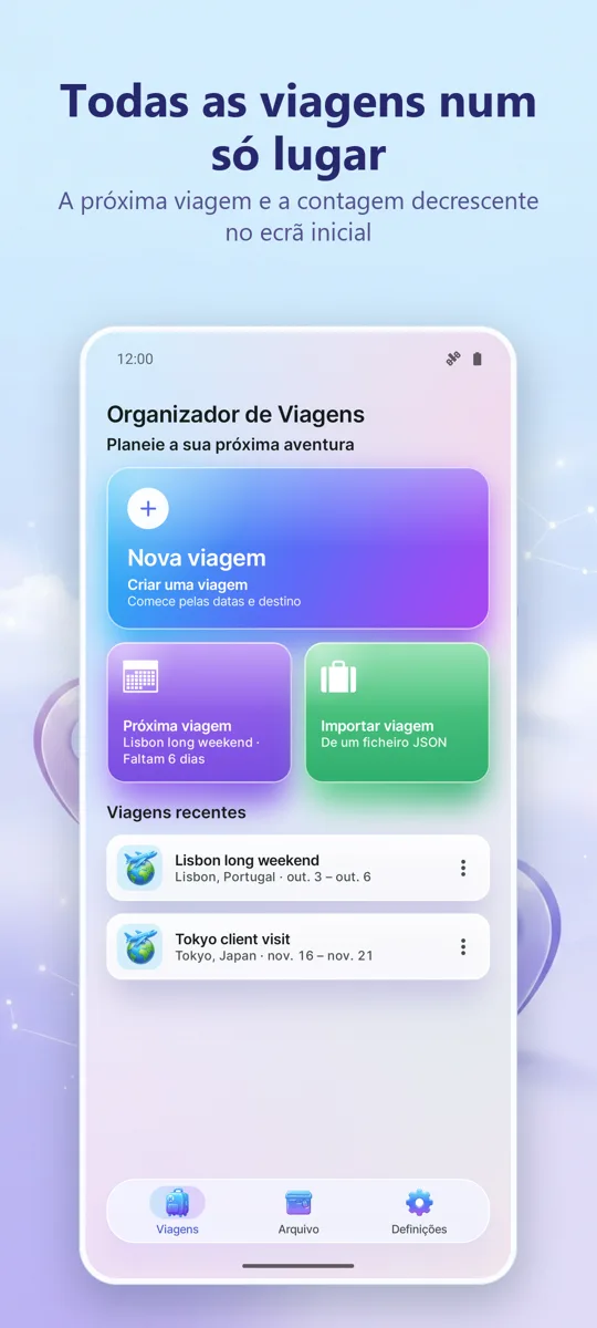 Organizador de Viagens: ecrã principal