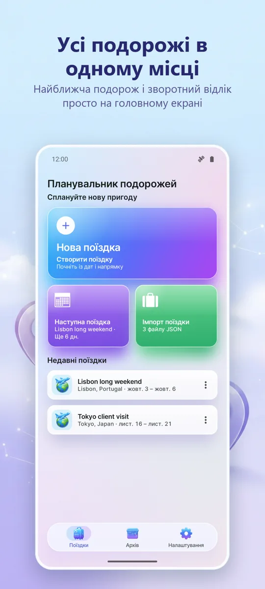 Органайзер подорожей: Планер: головний екран