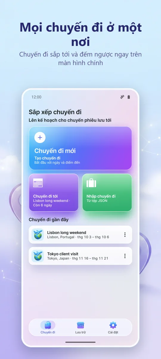 Tổ Chức Chuyến Đi: màn hình chính