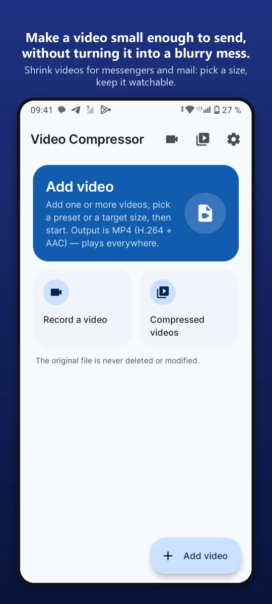 Video Compressor — main screen
